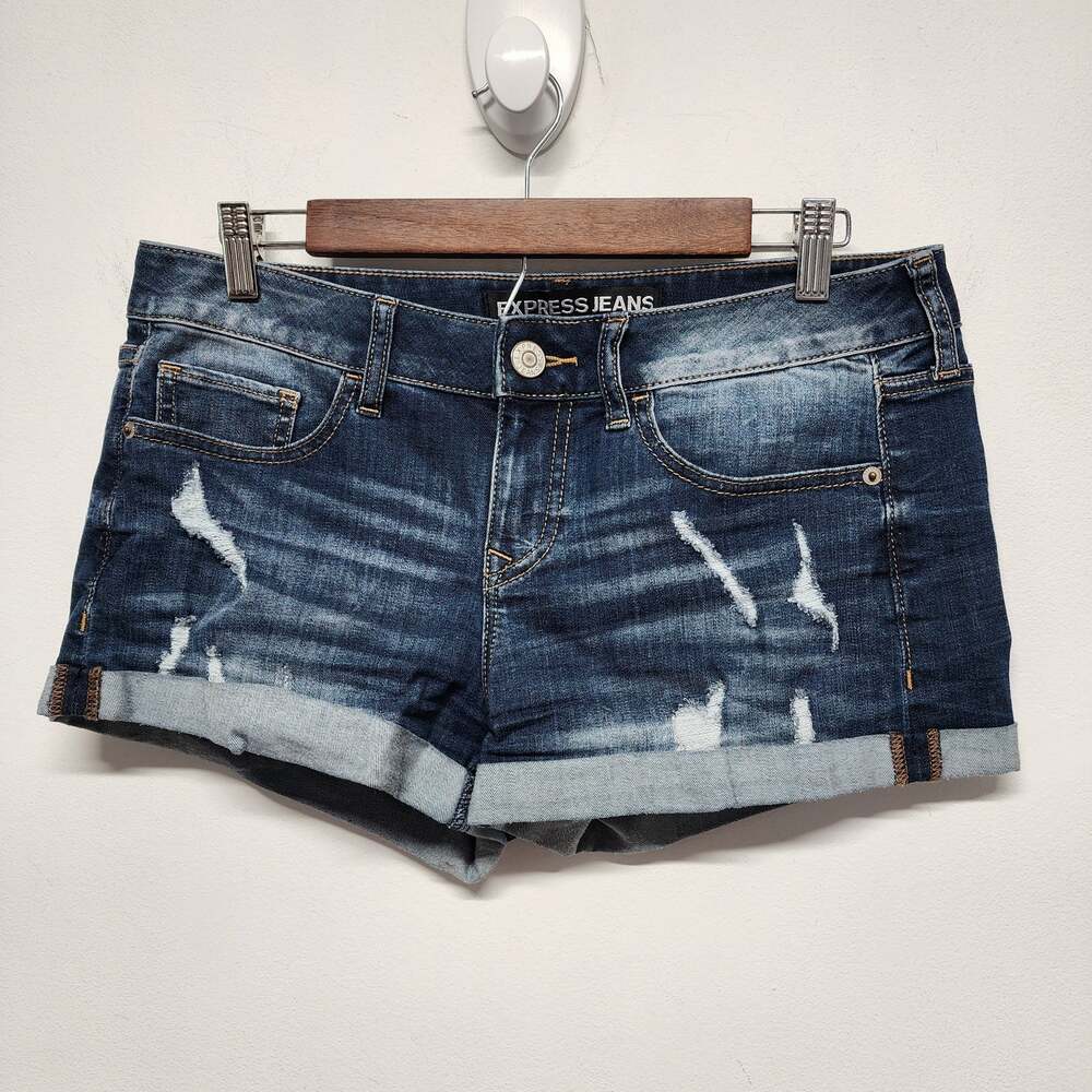 Express Dark Wash Denim Jean Shorts Size 4 Mid Rise Rolled Hem Distressed 2016